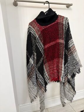 Turtleneck Plaid Poncho Sweater - Black, Red, Gray